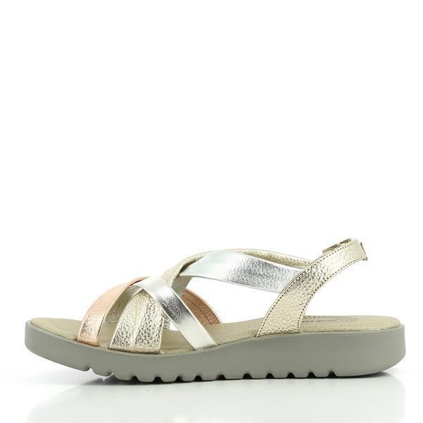 The interior view of the 24 Hrs 23252 Gold Cross-Strapped Slingback Sandal reveals the soft leather lining that enhances comfort. The view also highlights the cushioned sole and the meticulous craftsmanship that ensures a comfortable fit.