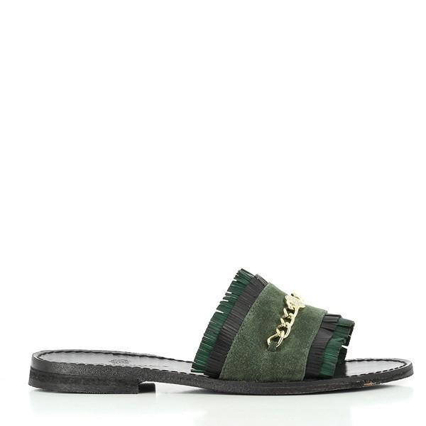 The Antichi Romani 839 Green Slides are elegantly displayed on a light, textured surface, allowing their rich green hue to shine. The premium leather upper glimmers softly, accentuating the fine craftsmanship and quality materials used in their creation. The minimalist design features stylish cross-straps that securely embrace the foot, while the classic round toe shape adds a timeless appeal. A subtle 1cm heel-platform height offers a gentle lift, combining comfort and elegance effortlessly.