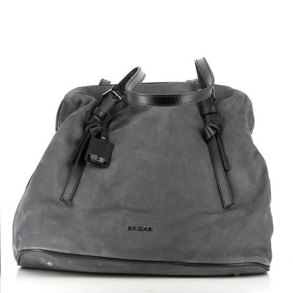 The image features the Bridas 690 Grey Shoulder Bag, showcasing its elegant design and high-quality craftsmanship. The bag is made of luxurious grey leather with a soft texture and subtle sheen, giving it a sophisticated appearance. It has a spacious main compartment and an adjustable strap, allowing for versatile carrying options. The bag is set against a clean, neutral background, highlighting its stylish silhouette and attention to detail.