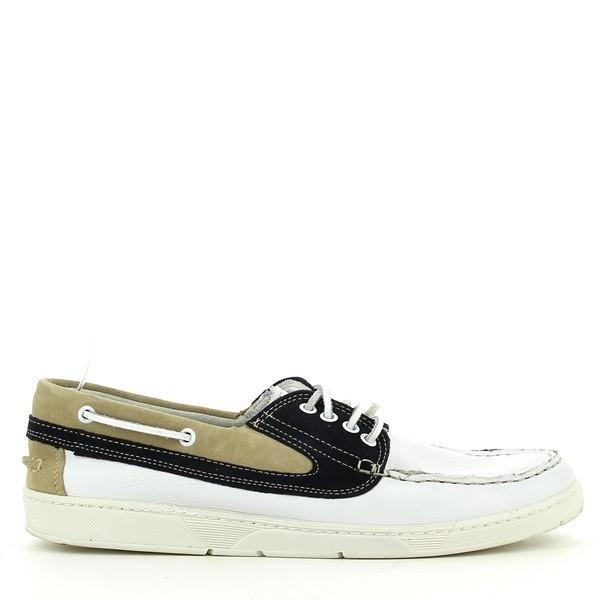 A clean side view of the Enrico Santi 700 White & Navy Boat Shoes, showcasing the sleek, smooth calfskin leather exterior in navy and white, with a casual yet sophisticated design.