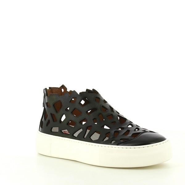 An angled view highlighting the sneaker's sleek silhouette, intricate laser-cut detailing, and the gentle curve of the sole that adds both style and comfort.