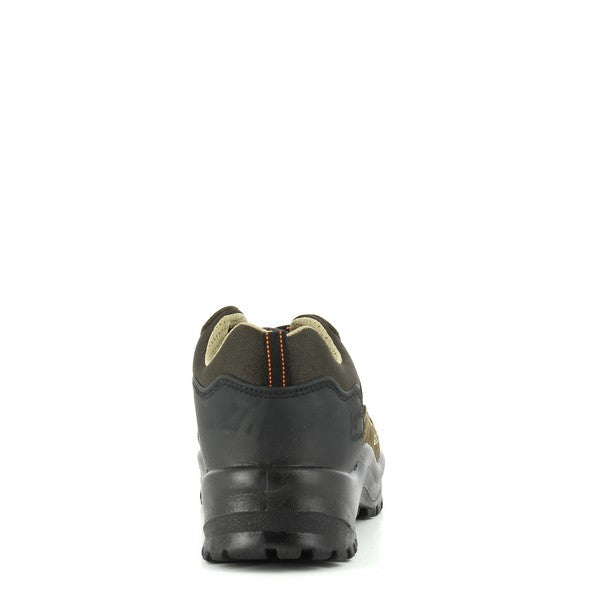 A rear view of the sneaker, featuring the robust heel construction, pull-tab for easy wear, and the textured sole designed for superior traction on various terrains.