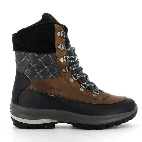 This image highlights the Grisport 14121D4G Brown & Grey Lace-Up Boots from the side, showcasing the seamless blend of leather and synthetic materials in the upper. The lacing system is neatly tied, ensuring a secure fit, while the synthetic sole is clearly visible, offering a glimpse of the boot’s rugged design. The natural brown and grey tones of the boot create a stylish and versatile look, perfect for outdoor activities and everyday wear.