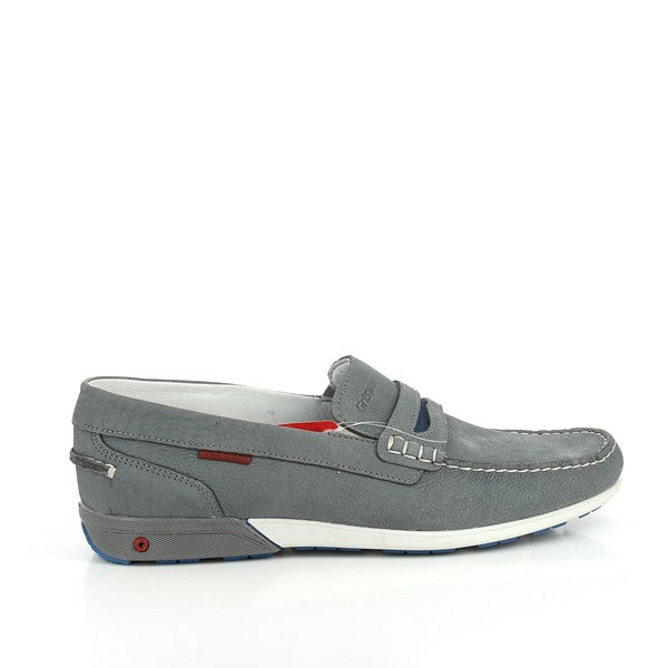 A full side profile of the Grisport 43205T3 Grey Loafers, showcasing the sleek leather upper, subtle stitching details, and the sturdy yet flexible sole.