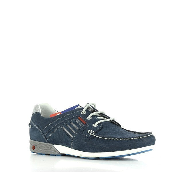 A dynamic shot capturing the shoe at a slight angle, highlighting the lace-up design, subtle texture of the leather, and ergonomic shape for a stylish yet comfortable fit.