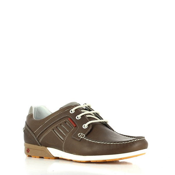 A dynamic angled shot highlighting the smooth brown leather finish, elegant stitching details, and the structured yet flexible shape of the shoe.