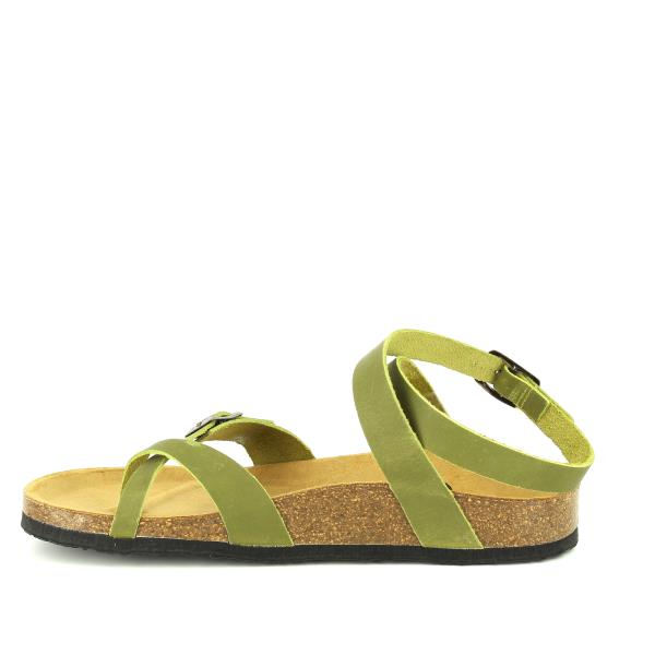 In this image, the sleek exterior of the sandal takes center stage. Crafted from high-quality leather, the khaki green hue exudes timeless elegance. The adjustable crisscrossing straps and ankle strap offer both style and functionality, allowing for a customized fit. With its sophisticated design and eco-friendly construction, this side view showcases the perfect blend of fashion and sustainability.