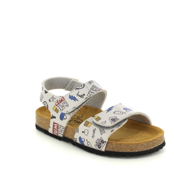 An angled shot of the sandal, capturing the intricate details of the leather print and the sturdy construction of the cork sole. The memory cushion technology footbed and the round toe shape provide a glimpse of the comfort and support offered by the sandal.