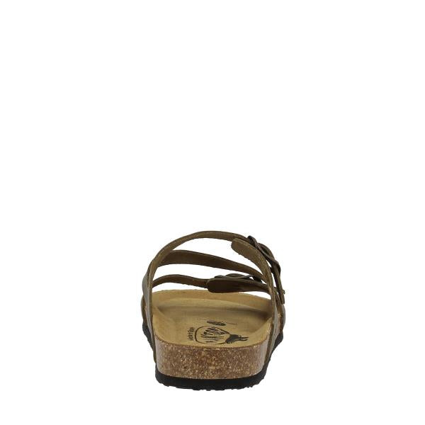 The back view emphasizes the sturdy cork sole and the secure fit of the adjustable strap, highlighting both style and functionality. These sandals embody timeless elegance and craftsmanship, suitable for various occasions.
