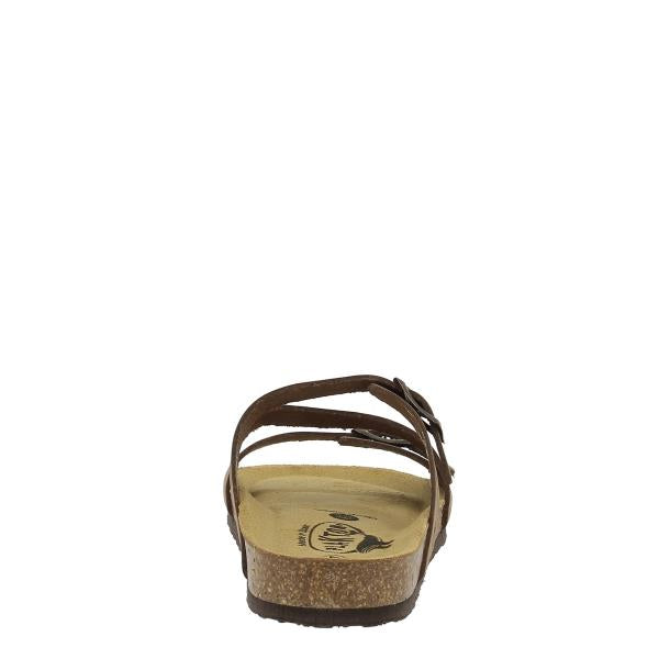 The back view emphasizes the sturdy cork sole and the secure fit of the adjustable strap, highlighting both style and functionality. These sandals embody timeless elegance and exceptional craftsmanship, perfect for various occasions.