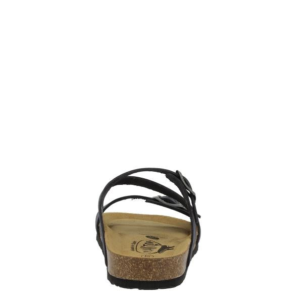 The back view displaying the sturdy cork sole and the secure fit of the adjustable strap. Expertly crafted with sustainable materials, these sandals promise durability and timeless style.