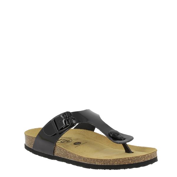 Highlight Plakton's 181671 Black Thong Sandals from a stylish angle, emphasizing the adjustable buckle detail and ergonomic design, perfect for everyday comfort and sophistication.