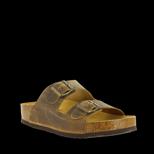 Angled view of Plakton's 340010 Beige Double Strap Sandals, showcasing the sleek design, double adjustable straps, and comfortable cork sole with synthetic details.
