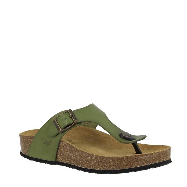 Showcase the elegant design of Plakton's 341671 Malabo Green Thong Sandals, emphasizing the adjustable buckle strap and 2.5 cm heel-platform, perfect for versatile wear.
