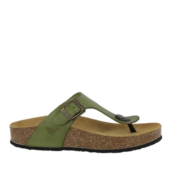 Capture the sleek profile of Plakton's 341671 Malabo Green Thong Sandals, highlighting the premium leather upper and cork sole for a stylish and comfortable look.