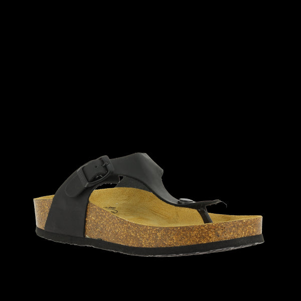 Highlight the sophisticated design of Plakton's 341671 Black Thong Sandals, emphasizing the adjustable buckle strap and 2.5 cm heel-platform for optimal comfort and elegance.