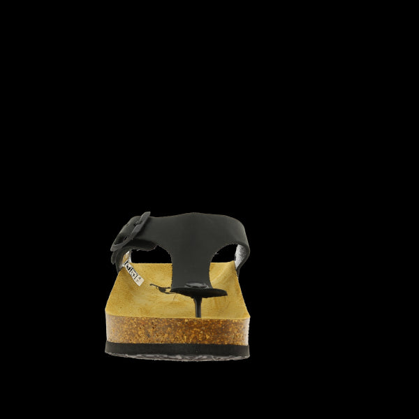 Showcase the stylish front design of Plakton's 341671 Black Thong Sandals, highlighting the rounded toe shape and premium leather craftsmanship from Spain. Perfect for enhancing your smart casual wardrobe with comfort and sophistication.