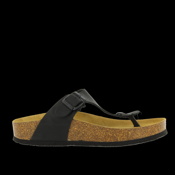 Capture the sleek profile of Plakton's 341671 Black Thong Sandals, showcasing the premium leather upper and cork sole, perfect for stylish everyday wear.