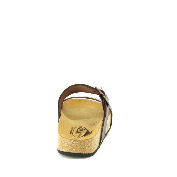 View from the back of the Plakton 343004 Walnut Double-Strap Sandal, emphasizing the sturdy heel and expert Spanish craftsmanship