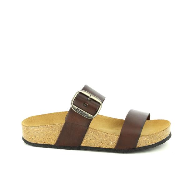 A profile shot of the Plakton 343004 Walnut Double-Strap Sandal, showcasing its rich walnut leather upper and cork sole