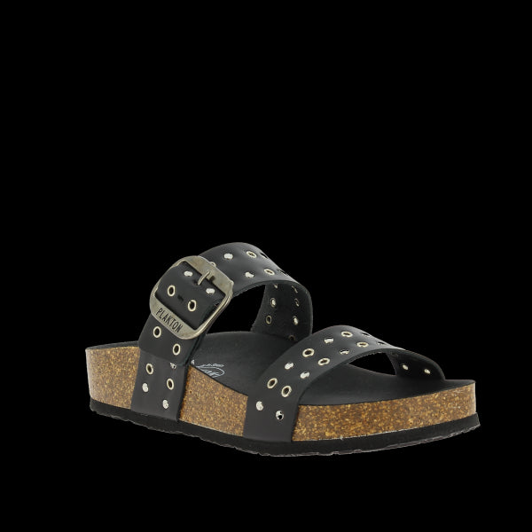 Admire the chic angle of Plakton's 343004 Black Studs Double-Strap Sandals. Made in Spain, they feature adjustable velcro straps and a supportive cork sole for lasting comfort.
