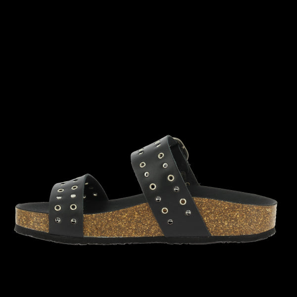 Behold the sophisticated back view of Plakton's 343004 Black Studs Double-Strap Sandals. Designed for durability and elegance, these sandals are a stylish addition to any wardrobe.