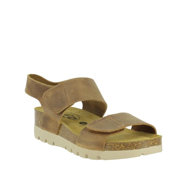 An angled perspective displaying the sandal's contoured footbed and supportive cork sole, emphasizing the ergonomic design and comfort features.