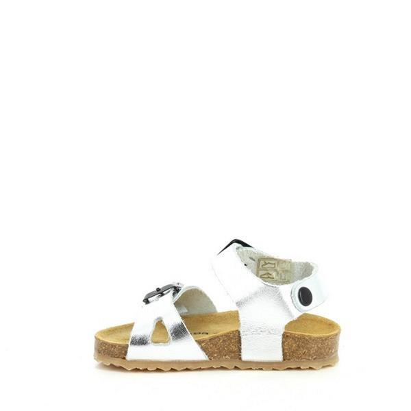 Inside view of Plakton's 851407 Silver Kids Slingback Sandals featuring the soft leather lining, branded insole, and contoured support for optimal comfort during active play.