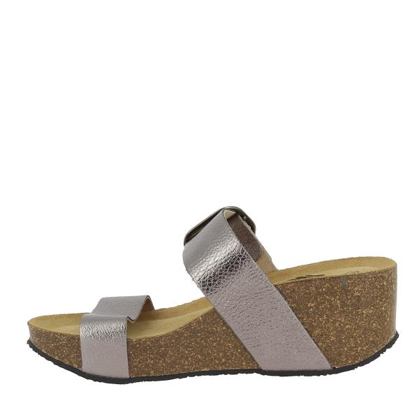 A detailed inside view of the Plakton 873004 Grey Wedges, featuring the plush leather lining and contoured cork footbed. The memory cushion technology and arch support are visible, showcasing the sandal’s comfort-focused design.