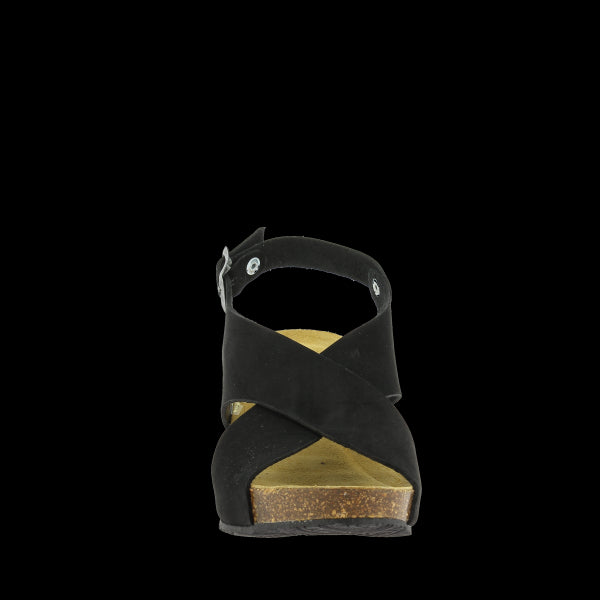 The front view focuses on the secure slingback strap with adjustable closure, which offers a customised fit. The 7cm wedge heel is clearly shown, emphasizing the shoe's elevation and stylish design.