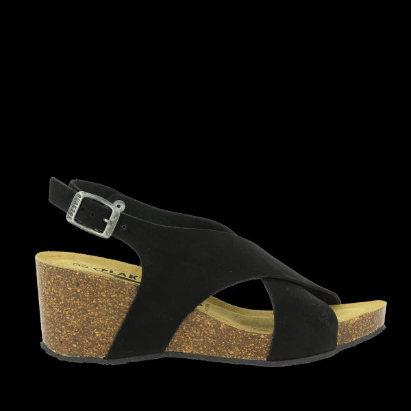 A sleek side view of the Plakton 885902 Black Cross-Strap Slingback Wedges showcases the elegant cross-strap design and premium leather upper. The 7cm wedge heel adds height and sophistication while maintaining stability.