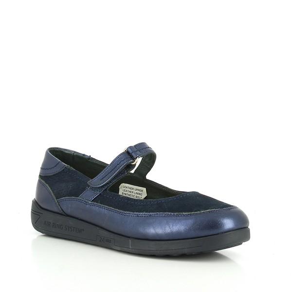 The 24 Hrs 22390 Blue Ballet Flats viewed from an angle, highlighting both the side and front of the shoe. This angle accentuates the round toe shape, the velcro strap, and the 2 cm heel-platform height, emphasizing the shoe's stylish and functional design.