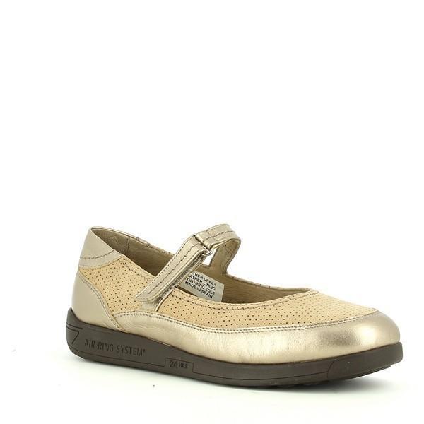 The 24 Hrs 22390 Gold Ballet Flats viewed from an angle, highlighting both the side and front of the shoe. This angle accentuates the round toe shape, the velcro strap, and the 2 cm heel-platform height, emphasizing the shoe's stylish and functional design.