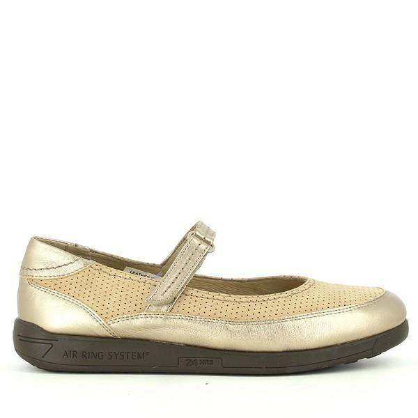 A clear view of the 24 Hrs 22390 Gold Ballet Flats from the outside side. The shimmering gold leather upper is smooth and elegant, showcasing the sleek design and the adjustable velcro strap across the top.