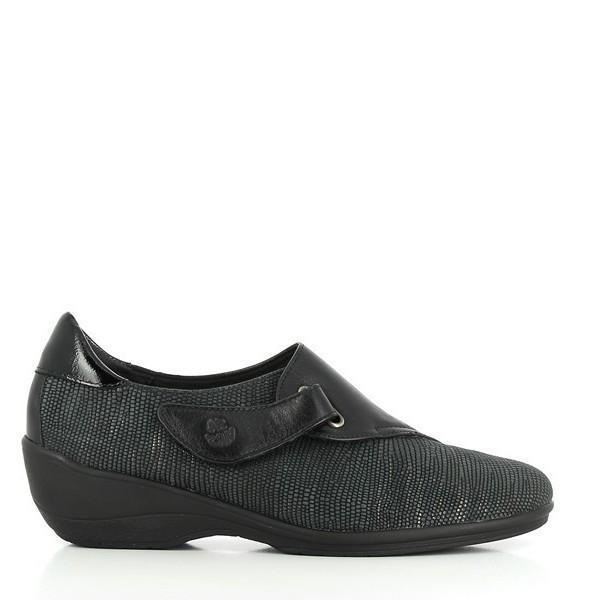 The 24 Hrs 22986 Charcoal Black Sneakers are displayed from the side, showcasing the elegant charcoal black leather upper and the clean, minimalist design. The round toe and single velcro fastener enhance the shoe's refined appearance.