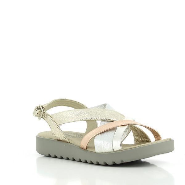 The 24 Hrs 23252 Gold Cross-Strapped Slingback Sandal is displayed from an angled view, showcasing the gold leather upper with cross-straps and the adjustable buckle. The angle emphasizes the chic design and the subtle 2 cm heel, combining style with comfort.