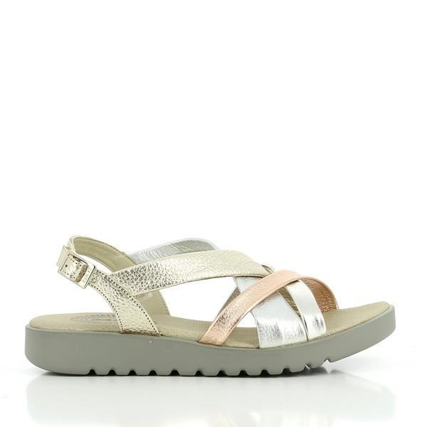 A close-up of the 24 Hrs 23252 Gold Cross-Strapped Slingback Sandal shows the sleek gold leather upper with a multi-strap cross-strapped design. The round toe and 2 cm heel are visible, highlighting the sandal’s elegant and contemporary style.