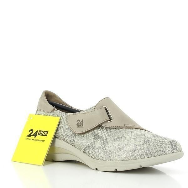 This angled view captures the shoe's stylish design, emphasizing the snake print pattern that wraps around the upper. The velcro strap is partially open, giving a glimpse of the interior leather lining. The sole's thickness is more pronounced, highlighting its sturdy construction and slight lift.