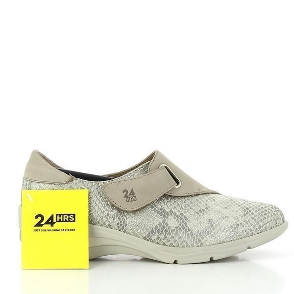 The side view of the 24 Hrs 24032 Snake Print Beige Sneaker showcases its sleek, low-top silhouette. The beige snake print leather upper is highlighted, with the velcro strap neatly positioned across the top. The 4.5 cm platform sole is visible, adding height while maintaining a clean, modern look.