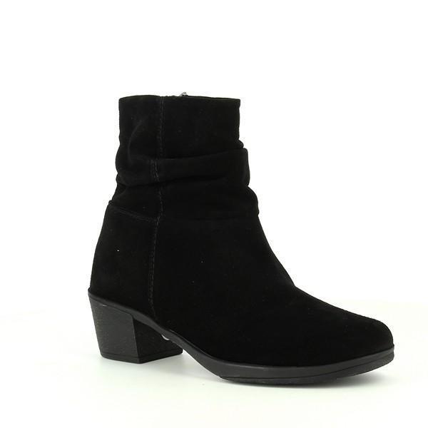 A pair of 24HRS 24192 Black Ankle Boots for women shown from a slight angle, highlighting the smooth leather upper, rounded toe, and the 4 cm heel. The image captures the elegant silhouette and the sleek design of the boots, emphasizing their stylish and versatile nature.