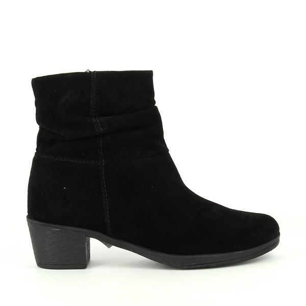 A pair of 24HRS 24192 Black Ankle Boots for women, showcasing a sleek leather upper with a smooth finish. The boots feature a rounded toe and a 4 cm heel, providing a subtle lift. A zipper is visible on the inner side for easy wear, and the boots have a sturdy synthetic sole. The photo captures the elegant and streamlined design against a neutral background.