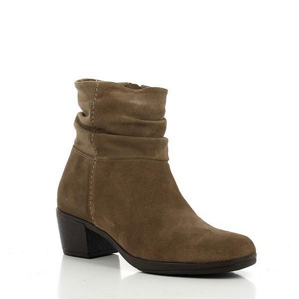 A pair of 24HRS 24192 Light Brown Ankle Boots shown from a slightly angled perspective, emphasizing the rich brown leather, the rounded toe, and the sturdy heel. The angle captures the boots' stylish silhouette and the subtle shine of the leather.