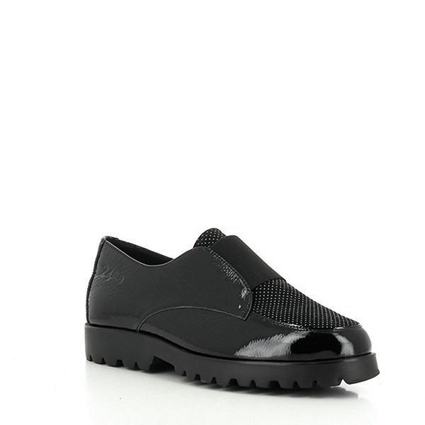 A pair of 24HRS 24230 Black Slide-On Shoes shown from a slightly angled perspective, highlighting the sleek black leather upper and the elegant round toe design. The 2 cm heel is subtly visible, emphasizing the shoe's minimalist and refined look.