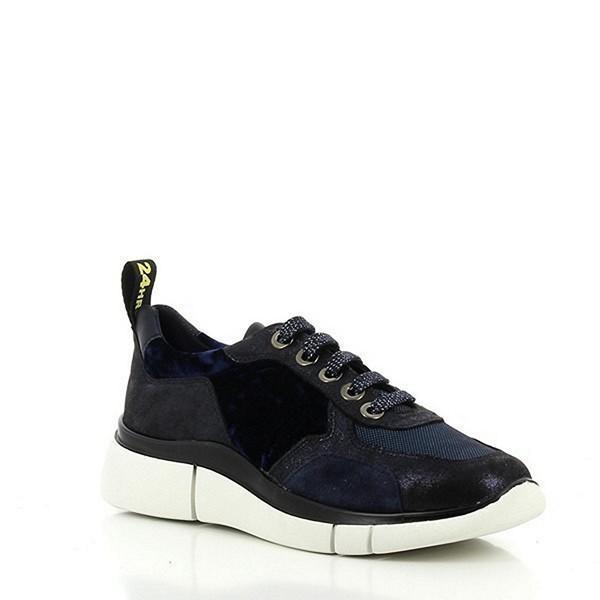 An angled side shot of the 24HRS 24307 Dark Blue Sneakers, highlighting the curvature of the shoe and the blend of materials. The angle reveals the textured detailing on the upper, along with the seamless integration of the sole and upper. The round toe shape is gently curved, adding to the overall sleek aesthetic.