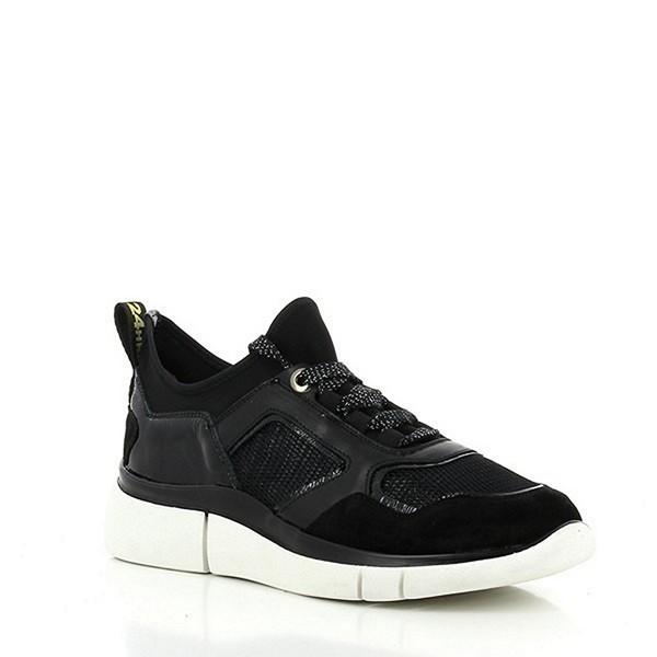 An angled side shot of the 24HRS 24308 Charcoal Black Sneakers, revealing the depth of the charcoal black hue and the seamless blend of leather and material. The angle emphasizes the rounded toe shape and the 3cm heel-platform, providing a balanced and stylish profile.