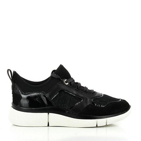 A side view of the 24HRS 24308 Charcoal Black Sneakers, showcasing the sleek, textured leather and material upper in a sophisticated charcoal black. The clean lines and minimalistic design highlight the modern aesthetic, with the 3cm platform sole offering a subtle lift.