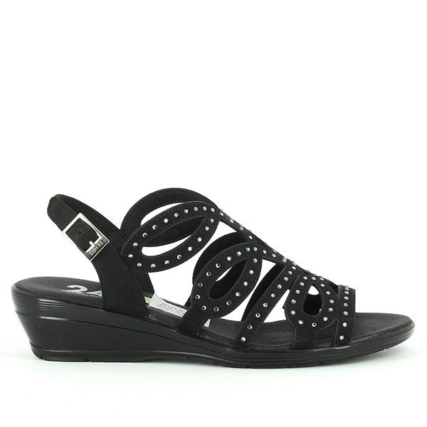 A pair of 24Hrs 24510 Black Slingback Sandals are showcased against a minimalistic background. The sandals feature a sleek black leather upper with a smooth finish and a classic round toe shape. The adjustable slingback strap is visible, ensuring a secure fit. The sandals have a 4cm heel, providing a subtle lift while maintaining a stylish profile. The leather lining is slightly visible, highlighting the quality and comfort of the design. The durable synthetic sole is shown, emphasizing the sandals' practic