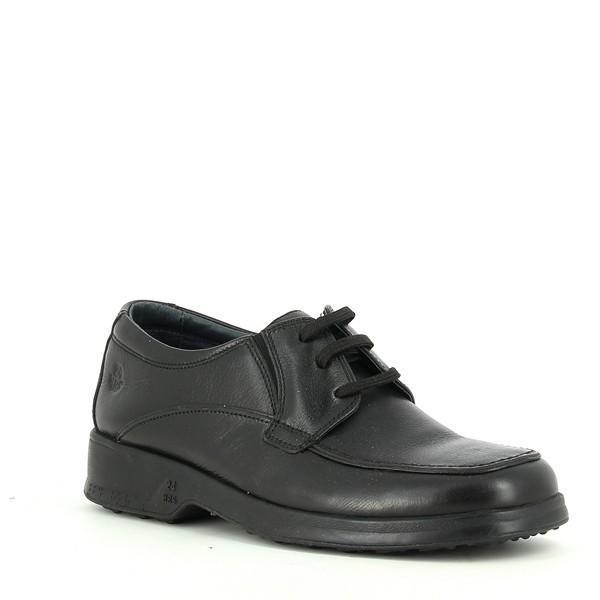 The shoe is displayed at an angle, showcasing its smooth black leather finish and the refined craftsmanship of the lace-up detail. The 3cm heel-platform adds a sophisticated lift, while the rounded toe maintains a timeless silhouette.