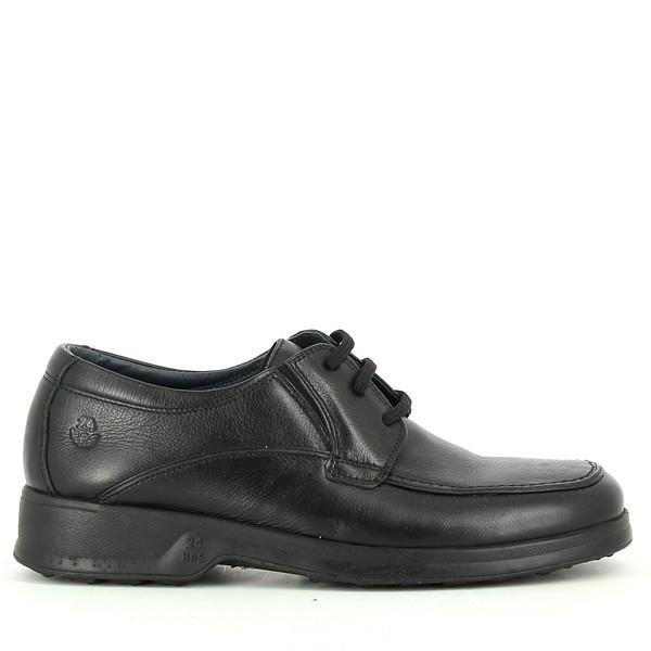 The 24HRS 8507 Black Lace-Up Shoes are shown from the side, highlighting their sleek black leather upper and classic lace-up design. The rounded toe and subtle 3cm heel-platform are visible, emphasizing the shoe’s elegant profile.