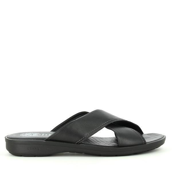 The 24HRS 8980 Black Cross-Strap Sandals are shown from the side, highlighting the elegant black leather cross-straps and the 3cm heel-platform. The design provides a sleek profile with a focus on the sandal's refined construction and secure fit.